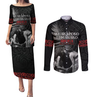 New Zealand Mother's Day Couples Matching Puletasi and Long Sleeve Button Shirt Maori Hongi Aroha Ahau Ki A Koe Mama LT9 Black - Polynesian Pride