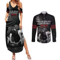 New Zealand Mother's Day Couples Matching Summer Maxi Dress and Long Sleeve Button Shirt Maori Hongi Aroha Ahau Ki A Koe Mama LT9 Black - Polynesian Pride