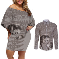 New Zealand Mother's Day Couples Matching Off Shoulder Short Dress and Long Sleeve Button Shirt Maori Mo Toku Mama Silver Fern LT9 Nude - Polynesian Pride
