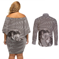 New Zealand Mother's Day Couples Matching Off Shoulder Short Dress and Long Sleeve Button Shirt Maori Mo Toku Mama Silver Fern LT9 - Polynesian Pride