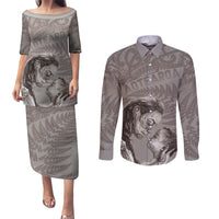 New Zealand Mother's Day Couples Matching Puletasi and Long Sleeve Button Shirt Maori Mo Toku Mama Silver Fern
