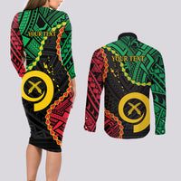 Personalised Vanuatu 44th Anniversary Couples Matching Long Sleeve Bodycon Dress and Long Sleeve Button Shirt Tugeta Yumi Selebretem Indipendens Dei LT9 - Polynesian Pride