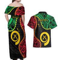 Personalised Vanuatu 44th Anniversary Couples Matching Off Shoulder Maxi Dress and Hawaiian Shirt Tugeta Yumi Selebretem Indipendens Dei