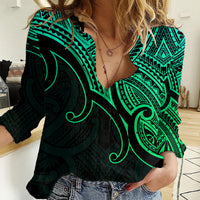 Aotearoa Maori Koru Women Casual Shirt Polynesian Pacific Tribal - Green LT9 Female Green - Polynesian Pride