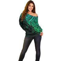 Custom Aotearoa Maori Koru Off Shoulder Sweater Polynesian Pacific Tribal - Green LT9 - Polynesian Pride