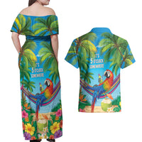 5 Oclock Somewhere Couples Matching Off Shoulder Maxi Dress and Hawaiian Shirt Hawaii Parrots Cocktail Summer Beach Vibe - Polynesian Pride