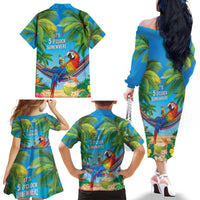 5 Oclock Somewhere Family Matching Off The Shoulder Long Sleeve Dress and Hawaiian Shirt Hawaii Parrots Cocktail Summer Beach Vibe - Polynesian Pride