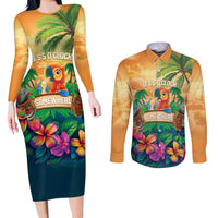 5 Oclock Somewhere Personalized Couples Matching Long Sleeve Bodycon Dress and Long Sleeve Button Shirt Hawaii Parrots Plumeria Summer Vibe - Polynesian Pride