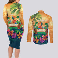 5 Oclock Somewhere Personalized Couples Matching Long Sleeve Bodycon Dress and Long Sleeve Button Shirt Hawaii Parrots Plumeria Summer Vibe - Polynesian Pride