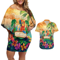 5 Oclock Somewhere Personalized Couples Matching Off Shoulder Short Dress and Hawaiian Shirt Hawaii Parrots Plumeria Summer Vibe - Polynesian Pride