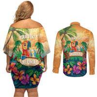 5 Oclock Somewhere Personalized Couples Matching Off Shoulder Short Dress and Long Sleeve Button Shirt Hawaii Parrots Plumeria Summer Vibe - Polynesian Pride