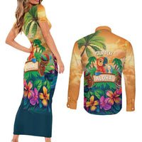 5 Oclock Somewhere Personalized Couples Matching Short Sleeve Bodycon Dress and Long Sleeve Button Shirt Hawaii Parrots Plumeria Summer Vibe - undefined