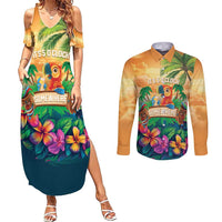 5 Oclock Somewhere Personalized Couples Matching Summer Maxi Dress and Long Sleeve Button Shirt Hawaii Parrots Plumeria Summer Vibe - Polynesian Pride