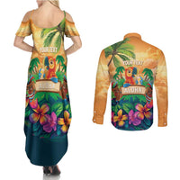 5 Oclock Somewhere Personalized Couples Matching Summer Maxi Dress and Long Sleeve Button Shirt Hawaii Parrots Plumeria Summer Vibe - Polynesian Pride
