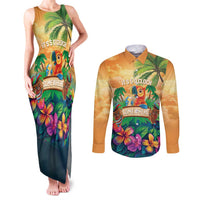 5 Oclock Somewhere Personalized Couples Matching Tank Maxi Dress and Long Sleeve Button Shirt Hawaii Parrots Plumeria Summer Vibe - Polynesian Pride