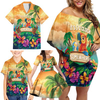 5 Oclock Somewhere Personalized Family Matching Off Shoulder Short Dress and Hawaiian Shirt Hawaii Parrots Plumeria Summer Vibe - Polynesian Pride