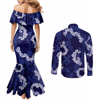Mokihana Maile and Ilima Leis Couples Matching Mermaid Dress and Long Sleeve Button Shirt Uliuli Hawaiian Tapa Quilt Pattern - Polynesian Pride