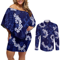 Mokihana Maile and Ilima Leis Couples Matching Off Shoulder Short Dress and Long Sleeve Button Shirt Uliuli Hawaiian Tapa Quilt Pattern - Polynesian Pride