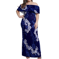 Mokihana Maile and Ilima Leis Off Shoulder Maxi Dress Uliuli Hawaiian Tapa Quilt Pattern - Polynesian Pride