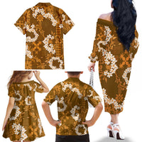 Mokihana Maile and Ilima Leis Family Matching Off The Shoulder Long Sleeve Dress and Hawaiian Shirt Alani Hawaiian Tapa Quilt Pattern - Polynesian Pride