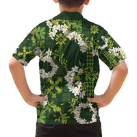 Mokihana Maile and Ilima Leis Family Matching Off The Shoulder Long Sleeve Dress and Hawaiian Shirt Omaʻomaʻo Hawaiian Tapa Quilt Pattern - Polynesian Pride