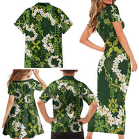 Mokihana Maile and Ilima Leis Family Matching Short Sleeve Bodycon Dress and Hawaiian Shirt Omaʻomaʻo Hawaiian Tapa Quilt Pattern - Polynesian Pride