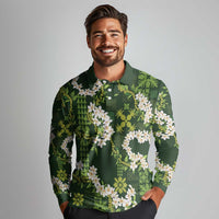 Mokihana Maile and Ilima Leis Long Sleeve Polo Shirt Omaʻomaʻo Hawaiian Tapa Quilt Pattern - Polynesian Pride