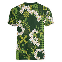 Mokihana Maile and Ilima Leis Women V-Neck T-Shirt Omaʻomaʻo Hawaiian Tapa Quilt Pattern - Polynesian Pride