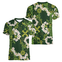 Mokihana Maile and Ilima Leis Women V-Neck T-Shirt Omaʻomaʻo Hawaiian Tapa Quilt Pattern - Polynesian Pride