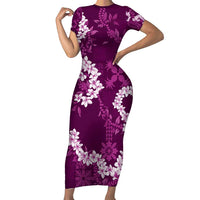 Mokihana Maile and Ilima Leis Short Sleeve Bodycon Dress Akala Hawaiian Tapa Quilt Pattern - Polynesian Pride