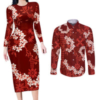 Mokihana Maile and Ilima Leis Couples Matching Long Sleeve Bodycon Dress and Long Sleeve Button Shirt Ulaʻula Hawaiian Tapa Quilt Pattern - Polynesian Pride