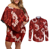 Mokihana Maile and Ilima Leis Couples Matching Off Shoulder Short Dress and Long Sleeve Button Shirt Ulaʻula Hawaiian Tapa Quilt Pattern - Polynesian Pride