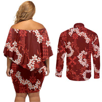 Mokihana Maile and Ilima Leis Couples Matching Off Shoulder Short Dress and Long Sleeve Button Shirt Ulaʻula Hawaiian Tapa Quilt Pattern - Polynesian Pride