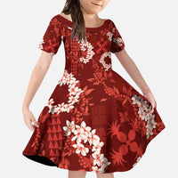 Mokihana Maile and Ilima Leis Family Matching Off Shoulder Maxi Dress and Hawaiian Shirt Ulaʻula Hawaiian Tapa Quilt Pattern LT9 Daughter's Dress Red - Polynesian Pride