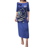 Personalized FSM 1986 Independence Day Family Matching Puletasi and Hawaiian Shirt Polynesian Shark Tattoo Style LT9 Mom's Dress Blue - Polynesian Pride