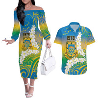 Personalised Tuvalu 1978 Independence Day Couples Matching Off The Shoulder Long Sleeve Dress and Hawaiian Shirt Polynesian Plumeria Style