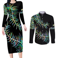 New Zealand Couples Matching Long Sleeve Bodycon Dress and Long Sleeve Button Shirt Aotearoa Silver Fern Mixed Papua Shell Green Vibe LT9 Green - Polynesian Pride