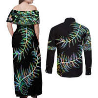 New Zealand Couples Matching Off Shoulder Maxi Dress and Long Sleeve Button Shirt Aotearoa Silver Fern Mixed Papua Shell Green Vibe LT9 - Polynesian Pride
