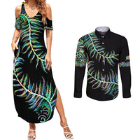 New Zealand Couples Matching Summer Maxi Dress and Long Sleeve Button Shirt Aotearoa Silver Fern Mixed Papua Shell Green Vibe LT9 Green - Polynesian Pride