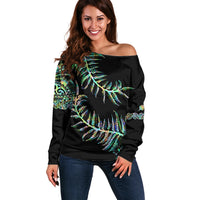 New Zealand Off Shoulder Sweater Aotearoa Silver Fern Mixed Papua Shell Green Vibe LT9 Women Green - Polynesian Pride