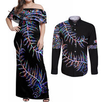 New Zealand Couples Matching Off Shoulder Maxi Dress and Long Sleeve Button Shirt Aotearoa Silver Fern Mixed Papua Shell Purple Vibe LT9 Purple - Polynesian Pride