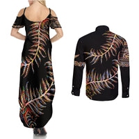 New Zealand Couples Matching Summer Maxi Dress and Long Sleeve Button Shirt Aotearoa Silver Fern Mixed Papua Shell Red Vibe LT9 - Polynesian Pride
