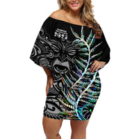 Custom New Zealand Rugby Family Matching Off Shoulder Short Dress and Hawaiian Shirt NZ Black Fern Champions History With Papua Shell LT9 Mom's Dress Black - Polynesian Pride