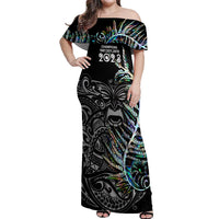 Custom New Zealand Rugby Off Shoulder Maxi Dress NZ Black Fern Champions History With Papua Shell LT9 Women Black - Polynesian Pride