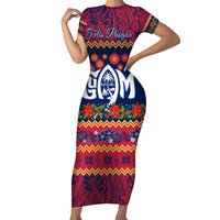 Personalised Guam Christmas Short Sleeve Bodycon Dress Felis Pusgua Santa Beach Polynesian Pattern LT9 Long Dress Blue - Polynesian Pride