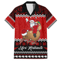 Personalised New Zealand Christmas Family Matching Puletasi Dress and Hawaiian Shirt Kiwi Santa Claus Maori Meri Kirihimete LT9 Dad's Shirt - Short Sleeve Red - Polynesian Pride