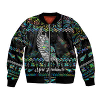 Personalised New Zealand Christmas Bomber Jacket Maori Fern Manaia Meri Kirihimete with Papaua Shell LT9 Unisex Black - Polynesian Pride