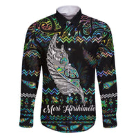 Personalised New Zealand Christmas Family Matching Mermaid Dress and Hawaiian Shirt Maori Fern Manaia Meri Kirihimete with Papaua Shell LT9 Dad's Shirt - Long Sleeve Black - Polynesian Pride