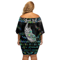 Personalised New Zealand Christmas Off Shoulder Short Dress Maori Fern Manaia Meri Kirihimete with Papaua Shell LT9 - Polynesian Pride