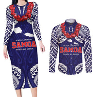 Samoa Black Saturday Couples Matching Long Sleeve Bodycon Dress and Long Sleeve Button Shirt Samoa mo Samoa with Blue Ula Fala